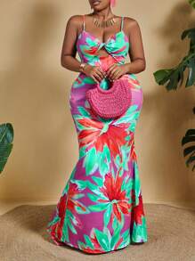 Slaydiva 大码女式热带假日印花连衣裙，前部带有扭纹细节，夏季 - 玫紅色 - 查看 1