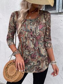 EMERY ROSE Women Spring/Summer Plant Printed Vacation Round Neck Long Sleeve T-Shirt - Multicolor - View 5