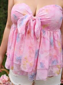 Dreamara Holiday Style Textured Strapless Floral Printed Top For Plus Size Women - Multicolor - View 5