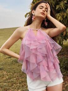 Anewsta Romantic Ruffled Tie Dye Women Tank Top