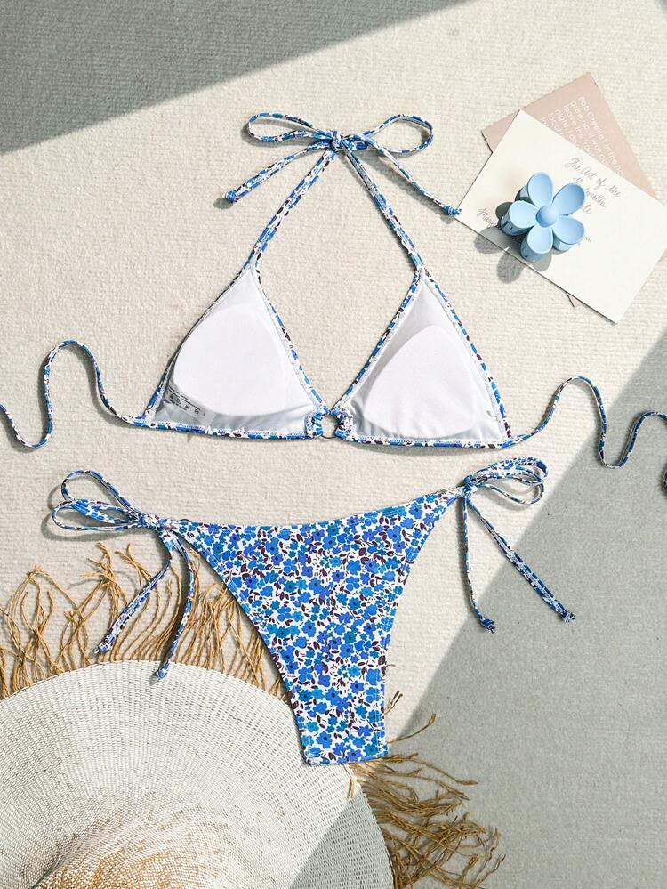 Women Floral Print Halter Neck Sexy Bikini Set, Random Print, Perfect For Holiday Summer