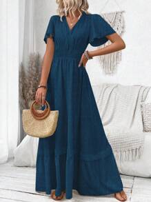 Breezaya V-Neck Ruffle Sleeve Solid Color Vacation Style Spring/Summer Dress Maxi Women Outfit - Dark Wash - View 1