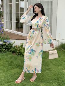 DAZY Women Full Floral Printed Long Sleeve Dress Sundress, Fall Dress Vacation Outfits Women Easter Dress Boho - Green - View 4