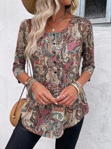 EMERY ROSE Women Spring/Summer Plant Printed Vacation Round Neck Long Sleeve T-Shirt - Multicolor - View 3