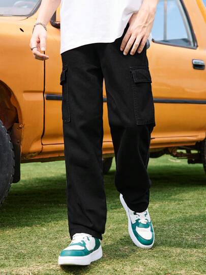 SHEIN Tween Boy Casual Fashionable Soft And Comfortable Mix Cool Black Base Minimalist Cargo Pocket Design Jeans For Dailywear And Back To School Boys Fall Clothes