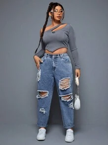 SHEIN ICON Denim ukuran plus Kantong Ripped Zip Plain - Medium Wash - View 5