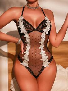 Body sin alambres sexy de encaje para damas, de una pieza - Negro - Ver 1