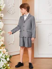 Ensemble costume de garçon préadolescent avec veste de costume à boutons avant à manches longues et short, pour les occasions formelles en été - Gris - Voir 5