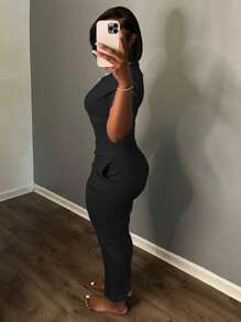 SHEIN 時尚女士夏季純色多功能修身連身裙 - 黑色 - 查看 2