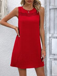 SHEIN LUNE 女士夏季純色拼接蕾絲寬鬆優雅無袖連衣裙