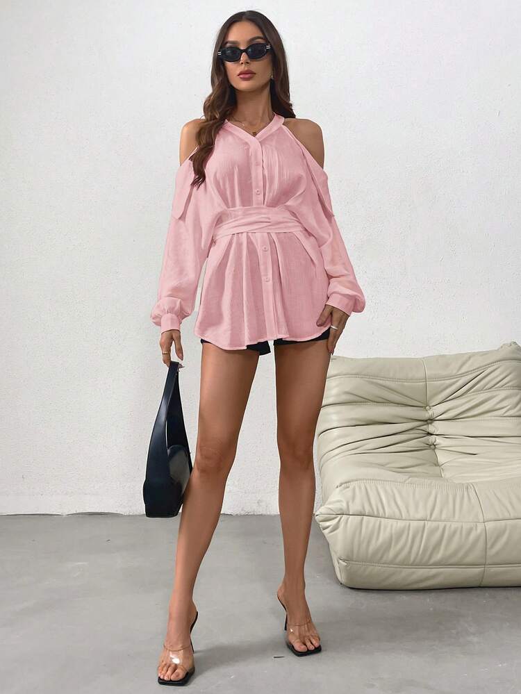 Women's Romantic Open Shoulder Long Sleeve Button-Up Shirt For Spring/Summer