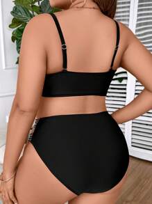 Swim SXY Summer Beach Plus Size Women Sexy Bikini Set With Ring & Cut Out Design - Black - View 2