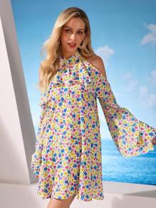 GENKIRA Random Print Half Placket Ruffled Off-Shoulder Sleeve Women Short Dress Fall Cloth For Women - Multicolor - View 6