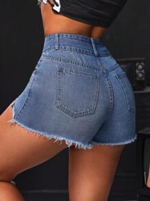 SHEIN SXY Lässige Jeansshorts Für Damen Mit Gespleißtem, Ausgefranstem Saum - Mittele Waschung - Übersicht 2