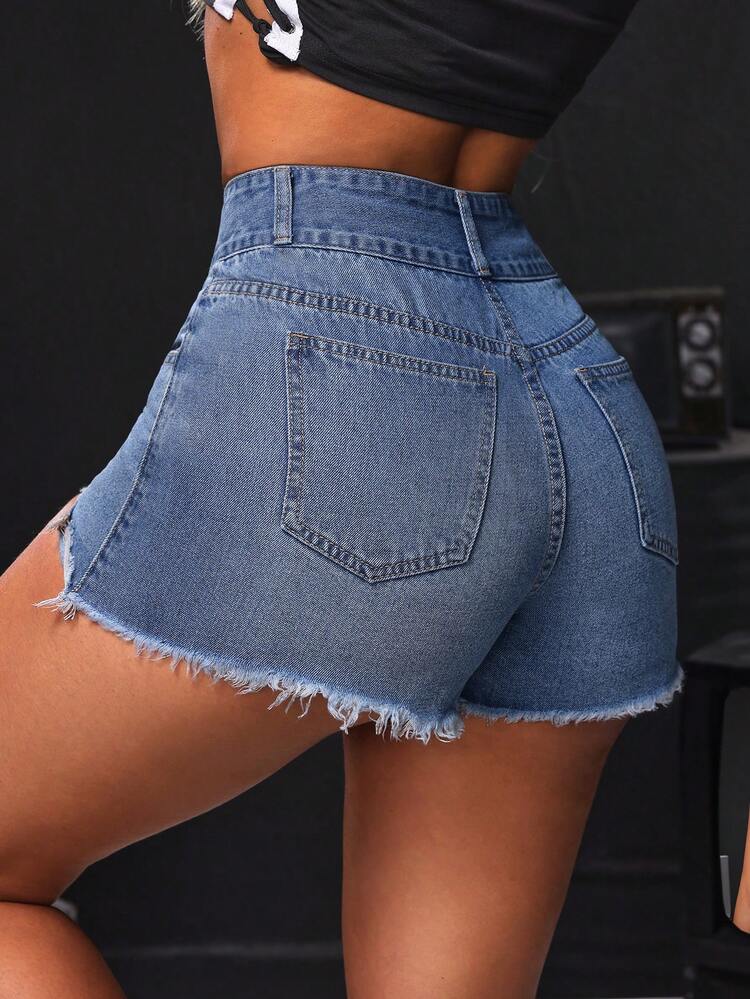 Women Casual Denim Shorts With Spliced Frayed Hem