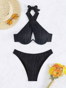 SHEIN Swim Summer Beach Cross-Wrap Halter Bikini Set Music Festival - Black - View 5