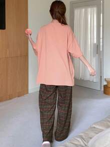 DAZY Cute Little Monster Pattern Round Neck Top And Plaid Pants Pajama Set - Coral Pink - View 2