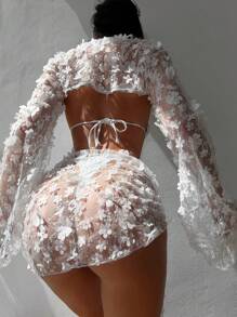 Swim SXY Ensemble bikini 4 pièces en dentelle unie de couleur pour femme plage été, micro triangle