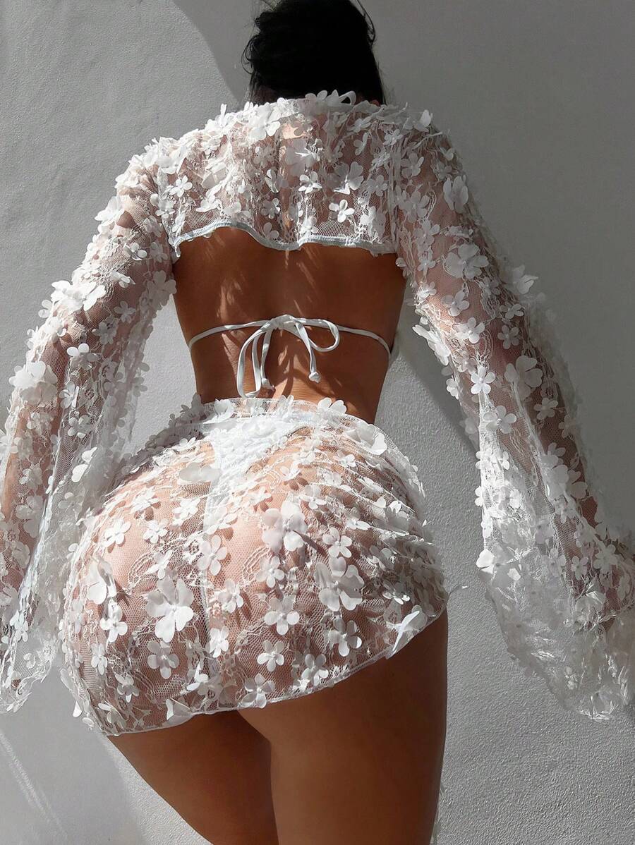 Swim SXY Ensemble bikini 4 pièces en dentelle unie de couleur pour femme plage été, micro triangle