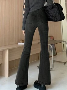 女式口袋设计喇叭牛仔裤 - 黑色 - 查看 3