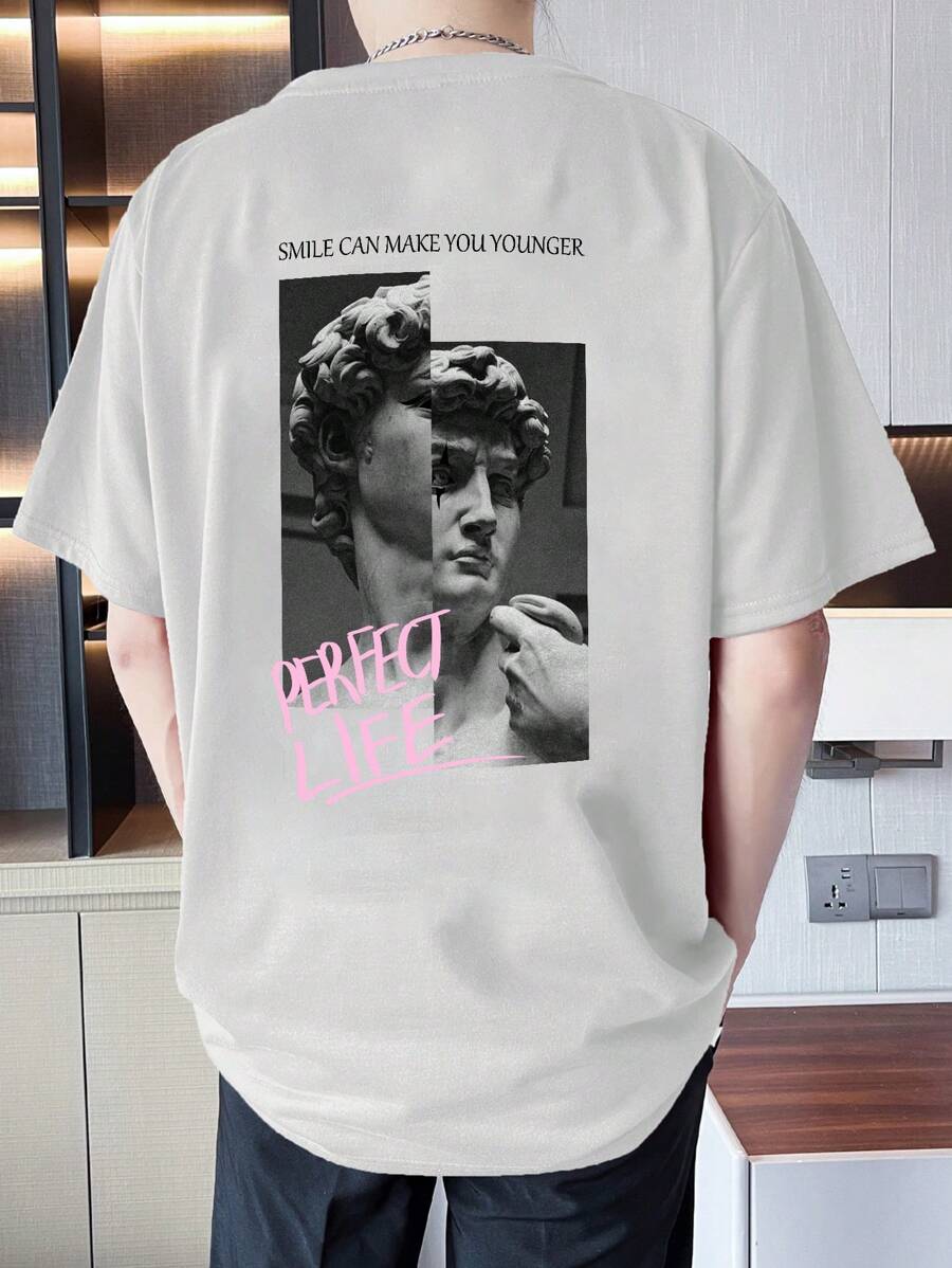 Manfinity Roghcode 男士標語和人物圖案T恤 - 白色 - 查看 1