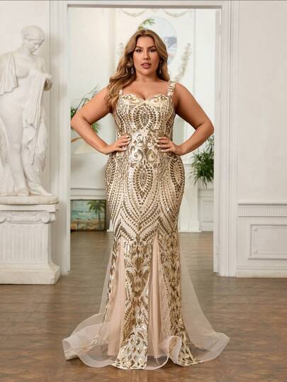 SHEIN X Izzy Darnell SHEIN Belle Plus Size Champagne Gold Luxurious Baroque Pattern Sequin Mesh Mermaid Evening Dress,Beige,Spring,Elegant,Formal,Party,Prom Wedding Guest Gown