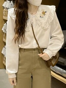 Women's Casual Cute Contrast Color Loose Embroidery Long Sleeve Shirt Blouse, Versatile For Spring And Autumn - Apricot - View 4