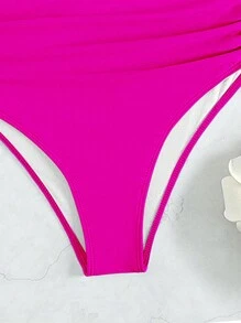SHEIN Swim Solid Color Ruffled Two-Piece Bikini Set For Beach, Pool And Resort, With PUSH UP And Underwire, Summer Beach - Hot Pink - View 7
