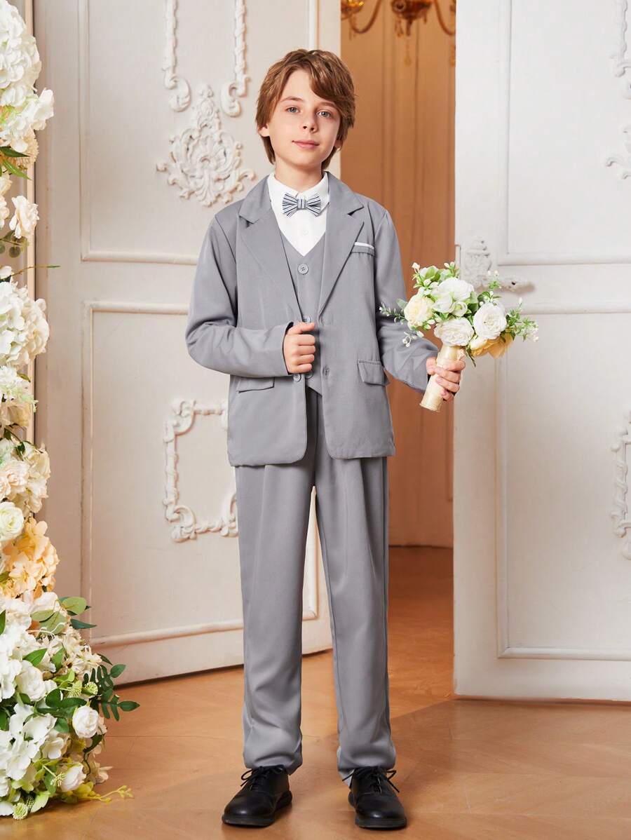 Bộ áo khoác và quần Tween Boy màu trơn, phong cách quý ông - Màu xám đen - Xem 1