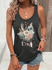 INAWLY Women Summer Floral Printed Round Neck Sleeveless Casual Tank Top Graphic Tees Women Tops - Dark Grey - View 3