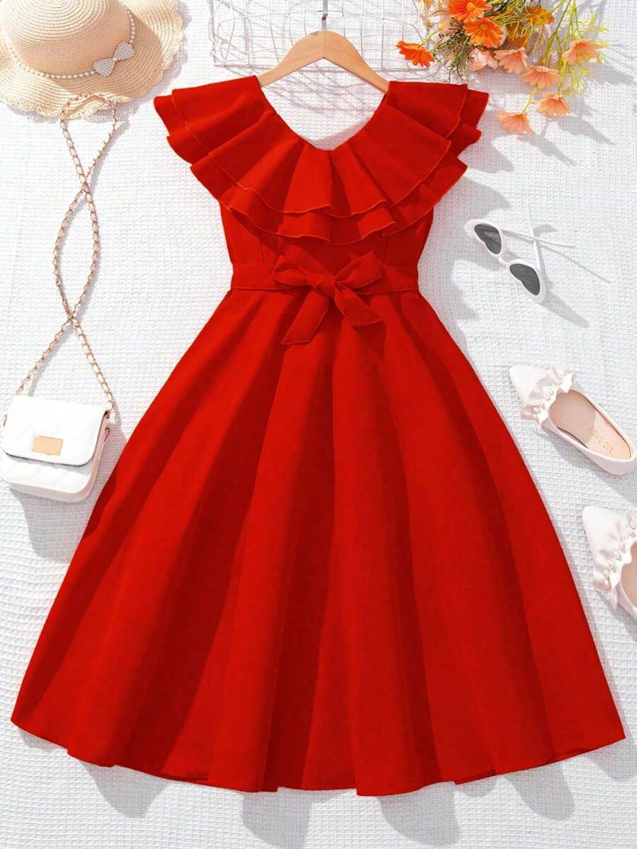 SHEIN 少女雙層荷葉領吊帶裙，附帶腰帶 - 紅色 - 查看 1