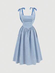 SHEIN MOD Plus Size Women Summer Elegant Grid Shoulder Tie Cami Dress,Corset Dress For Women - Blue - View 1