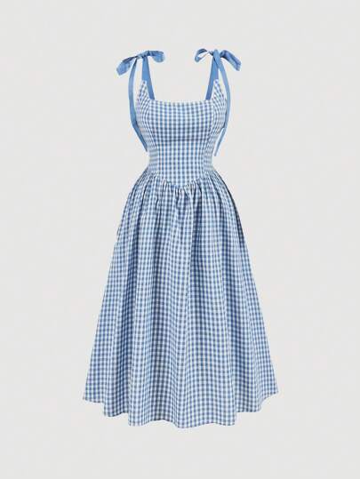 SHEIN MOD Plus Size Women Summer Elegant Grid Shoulder Tie Cami Dress,Corset Dress For Women