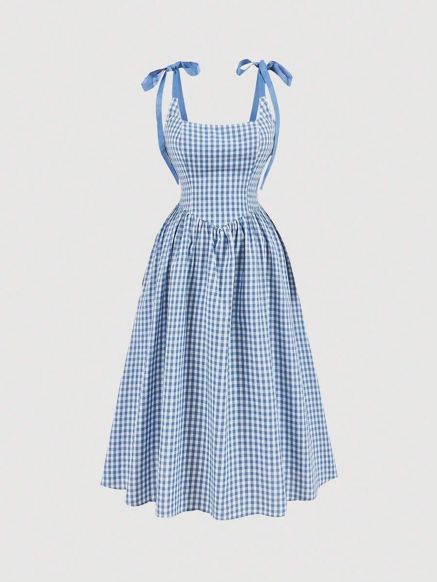 SHEIN MOD Plus Size Women Summer Elegant Grid Shoulder Tie Cami Dress,Corset Dress For Women - Blue - View 1