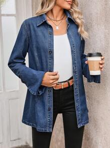 SHEIN LUNE Spring/Autumn Casual Bell Sleeve Denim Jacket Fall Cloth For Women - Dark Wash - View 6