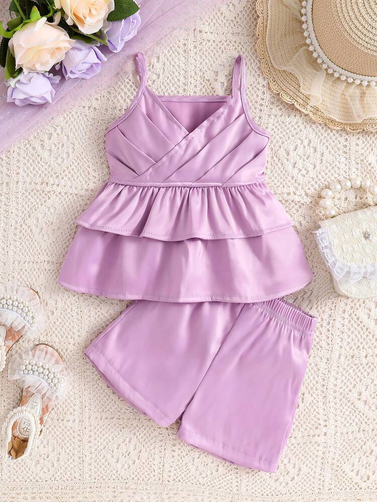 Baby Girl Princess Style Ruffle Hem Cami Top And Shorts Set, Summer