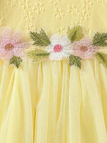 SHEIN Glamorique Kids Baby Girl Summer Square Neck Short Puff Sleeve Mesh Princess Dress, Vacation Dress - Yellow - View 4