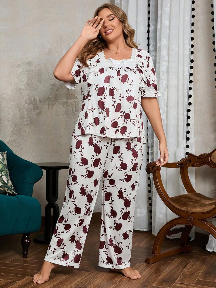 Plus Size Women Summer Flower Printed Patchwork Lace Trim Short Sleeve Top And Long Pants Loose Pajama Set