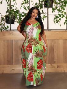 Slaydiva Phụ Nữ Cỡ Lớn Không Tay Cổ Chữ V Váy Dây Nhiệt Đới In Hình Thực Vật Nhiệt Đới Cho Mùa Hè - Nhiều màu - Xem 2