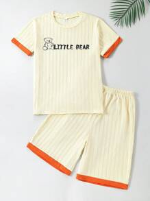 Teen Boy Apricot Simple English Printed Shorts And Short Sleeve Casual Loose Home Clothes 2pcs/Set - Apricot - View 1