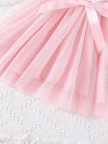 SHEIN Glamorique Kids 女小童印花荷葉邊網紗覆蓋繫腰帶洋裝 - 粉色 - 查看 4