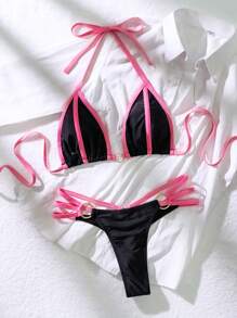 SHEIN Swim Summer Women's Halter Neck Bikini Set With Edge Binding