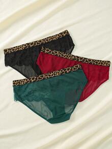 Wedaily Women Fashion Leopard Print Lace Splicing Triangle Panty ,3 Pcs - Multicolor - View 2