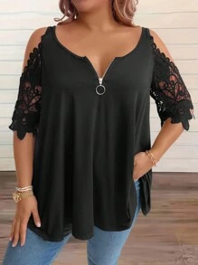 Celure T-shirt d"été grande taille à col rond large en dentelle unie