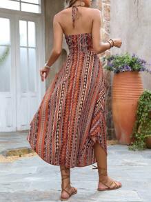 Breezaya Vestido largo estilo vacacional con estampado floral, cuello halter, eslabones circulares y aberturas laterales - Outfit para playa vacacional