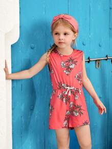 SHEIN 年輕女孩時尚花卉印花舒適無袖吊帶連體褲，配有蝴蝶結，夏季，度假的完美穿搭 - 紅色 - 查看 5