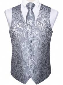 4pcs Men's Jacquard Vest, Tie, Cufflinks, Handkerchief Set (Shirt Not Included) - Grey - View 4