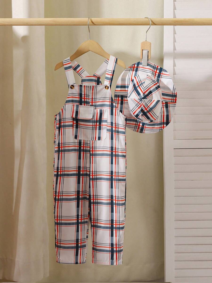 SHEIN Bộ áo liền quần họa tiết lưới thông thường dành cho bé trai có mũ mùa xuân hè - Nhiều màu - Xem 1