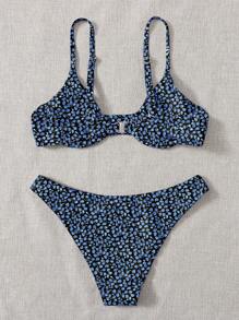 Swim Mod Summer Beach Swimwear Bikini Set With Underwire And Random Ditsy Floral Print - Multicolor - View 2