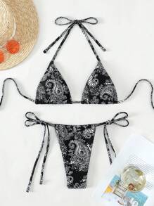 SHEIN Swim Women Printed Halter Neck Bikini Set With Triangle Bra And Tie Side Bottom, Perfect For Holiday, Random Print,Summer Beach